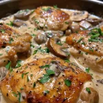 Pechugas de pollo en salsa de crema con champiñones decoradas con perejil.