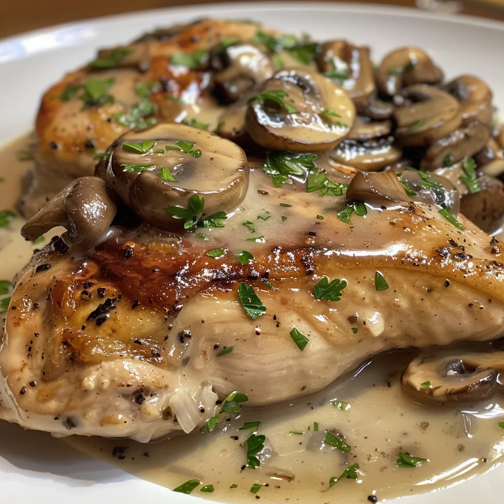 Pollo a la crema con champiñones servido en un fondo rústico.