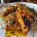 Primer plano de pollo jugoso bañado en salsa de miel y mostaza.