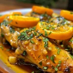 Vista lateral de un plato de Pollo a la naranja, mostrando su textura jugosa.