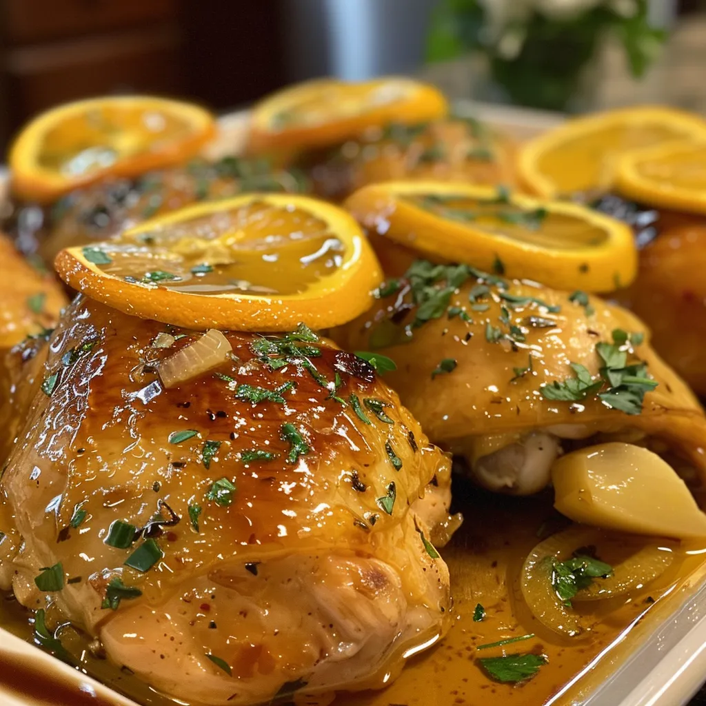 Pollo a la naranja servido en un plato blanco, con ingredientes frescos alrededor.