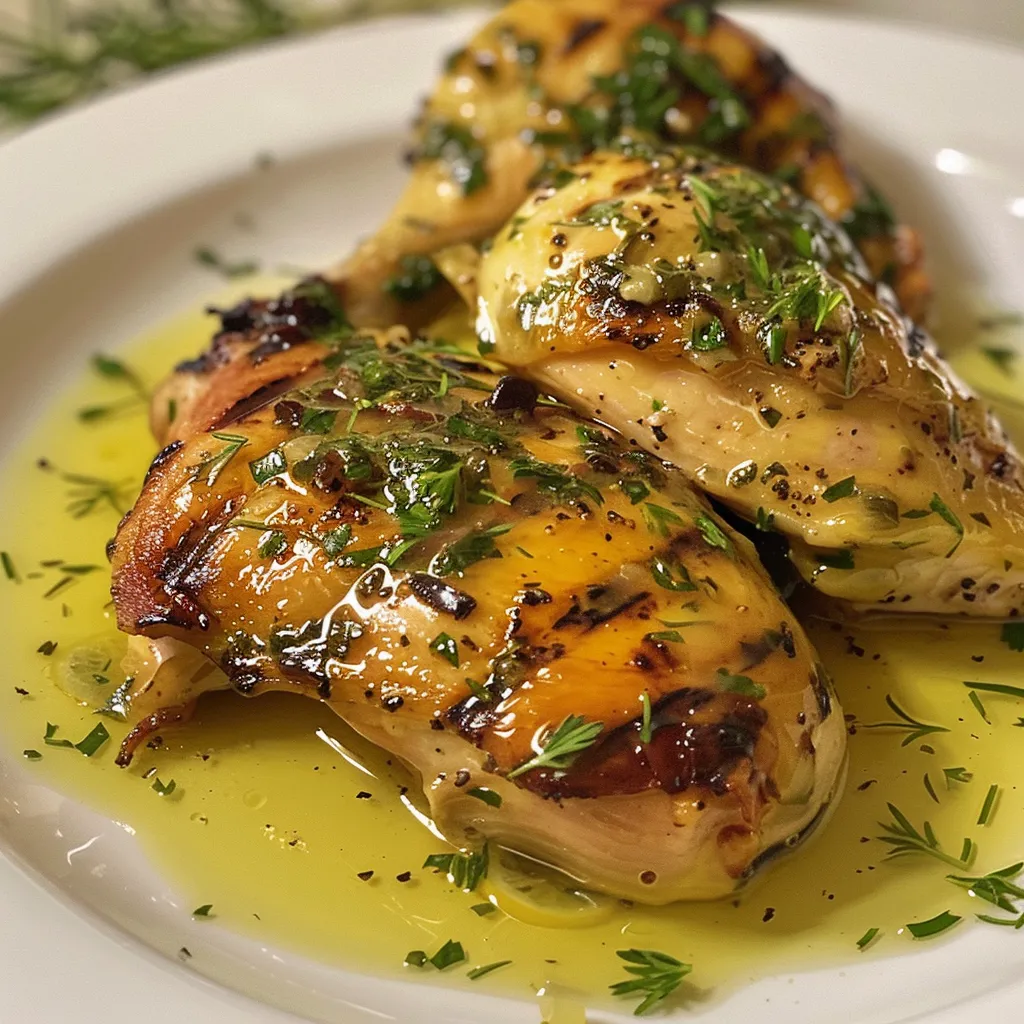 Platter de pollo a la parrilla con rodajas de limón y cilantro.