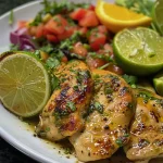 Close up de pollo a la plancha acompañado de ensalada de aguacate y limón.