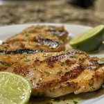 Grilled chicken on a plate, showcasing its tender texture and seasoning.