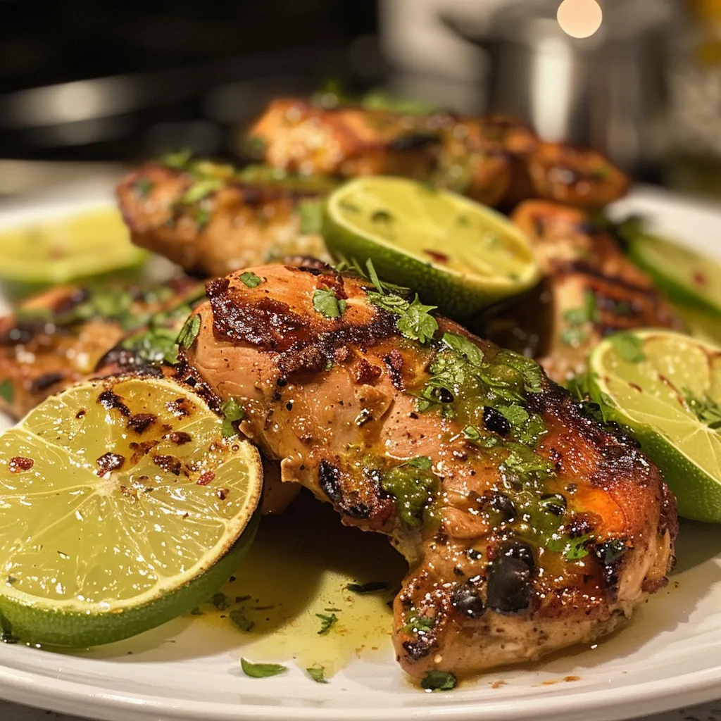 Close-up de Pollo a la Plancha con hierbas frescas y rodajas de limón.