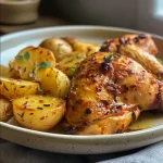 Side view of Pollo al ajillo and potatoes, highlighting the textures and colors of the dish.