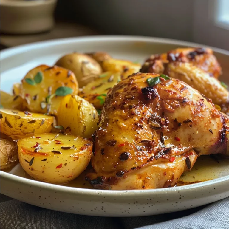 Side view of Pollo al ajillo and potatoes, highlighting the textures and colors of the dish.