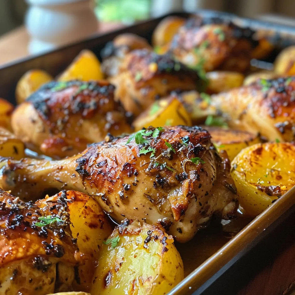 A detailed shot of sautéed chicken with garlic and potatoes, showcasing its deliciousness.
