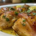 Pollo al ajillo humeante servido en un plato decorativo.