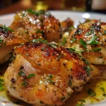 Detailed shot of Pollo al ajillo served with a sprinkle of parsley.