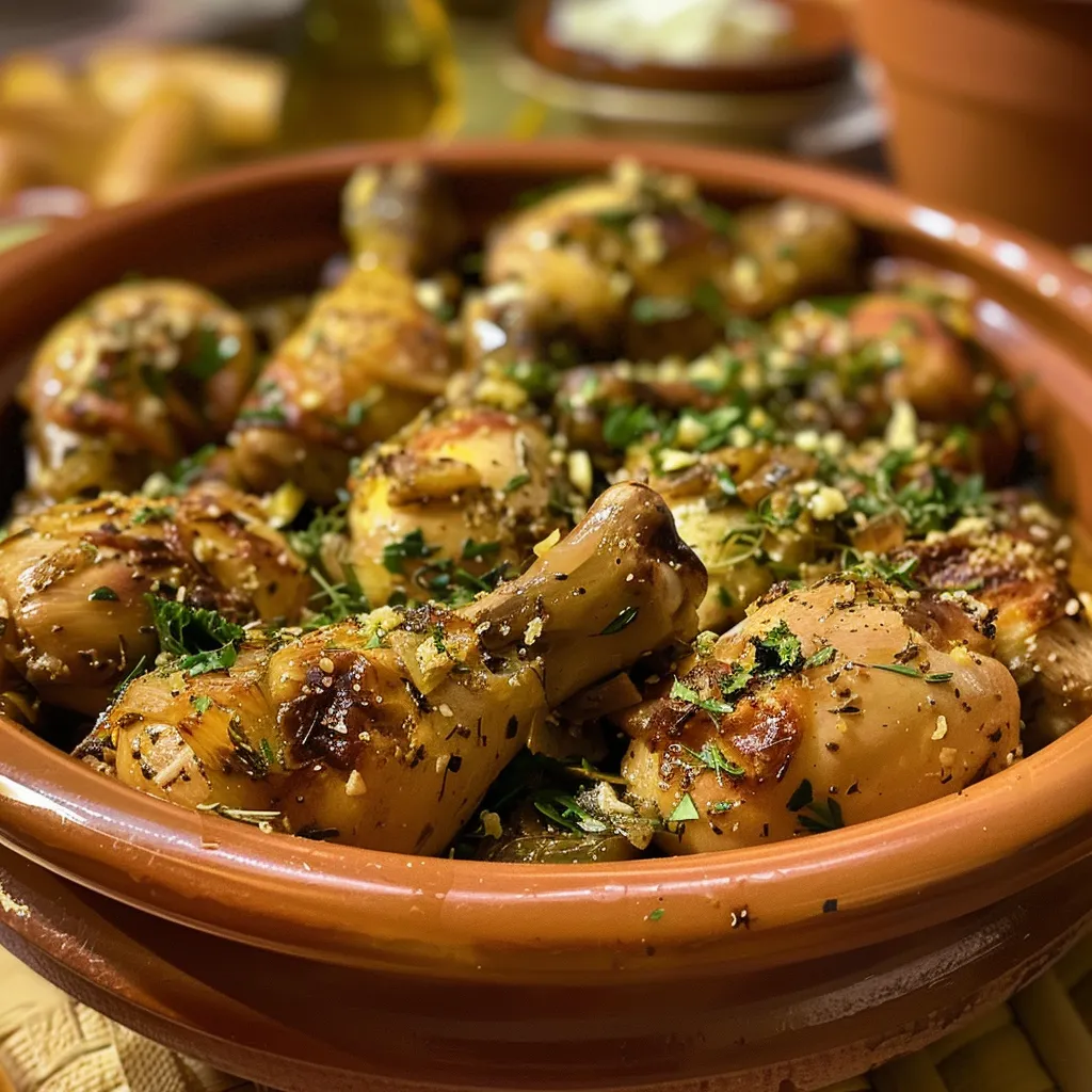 Pollo al ajillo highlighted with garlic cloves and bay leaves.