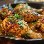 Vista lateral de Pollo al Ajillo, con ingredientes frescos y un acabado jugoso.