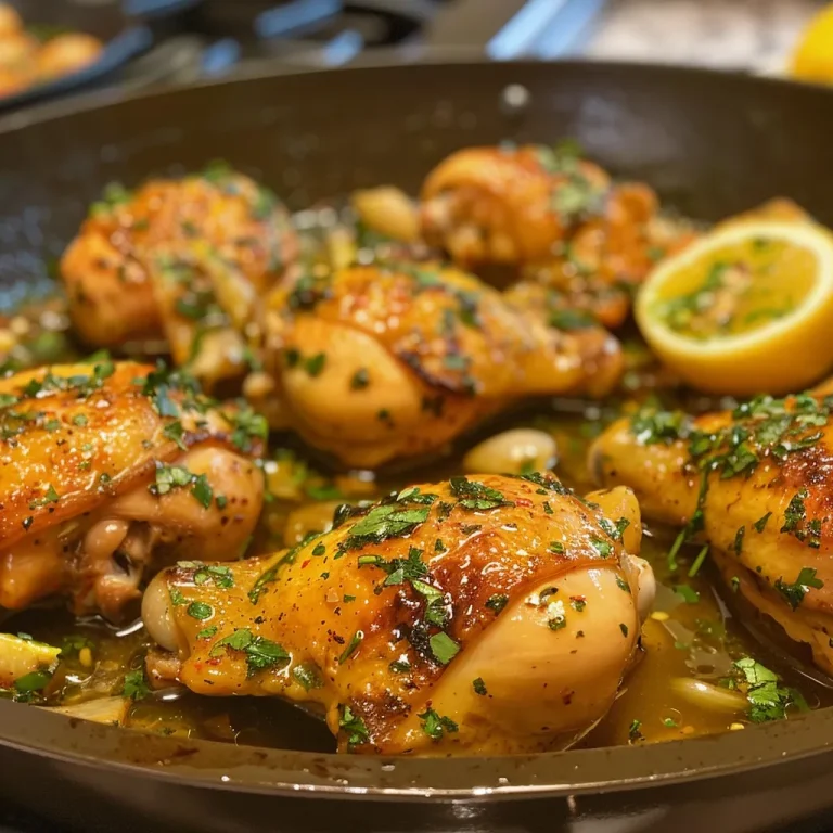 Primer plano de un pollo al ajo y limón con limón en rodajas.