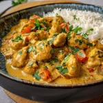 Detalle de Pollo al Curry Cremoso adornado con cilantro fresco y acompañamientos.