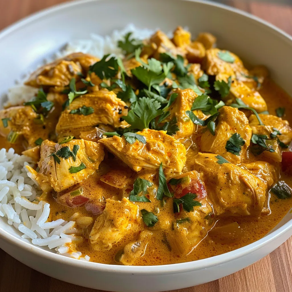Porción de Pollo al Curry Cremoso en un fondo claro.