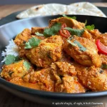 Detalle de Pollo al Curry en un bowl, con trozos de pollo y salsa cremosa rodeados de pimientos y brócoli.