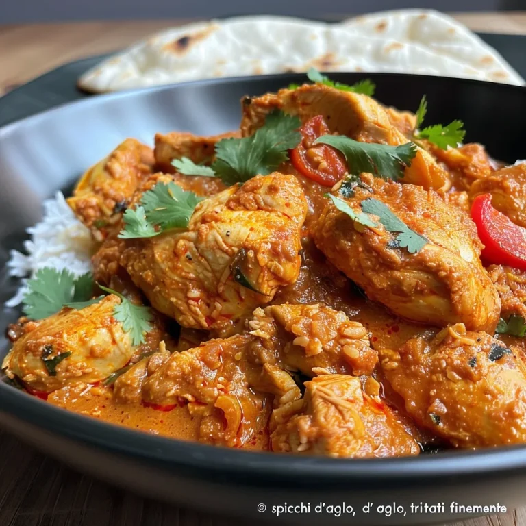 Detalle de Pollo al Curry en un bowl, con trozos de pollo y salsa cremosa rodeados de pimientos y brócoli.