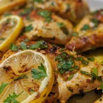 Pollo al limón dorado con ingredientes frescos en el fondo.