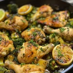 Detalle de Pollo al sartén con limón en un plato colorido, listo para servir.