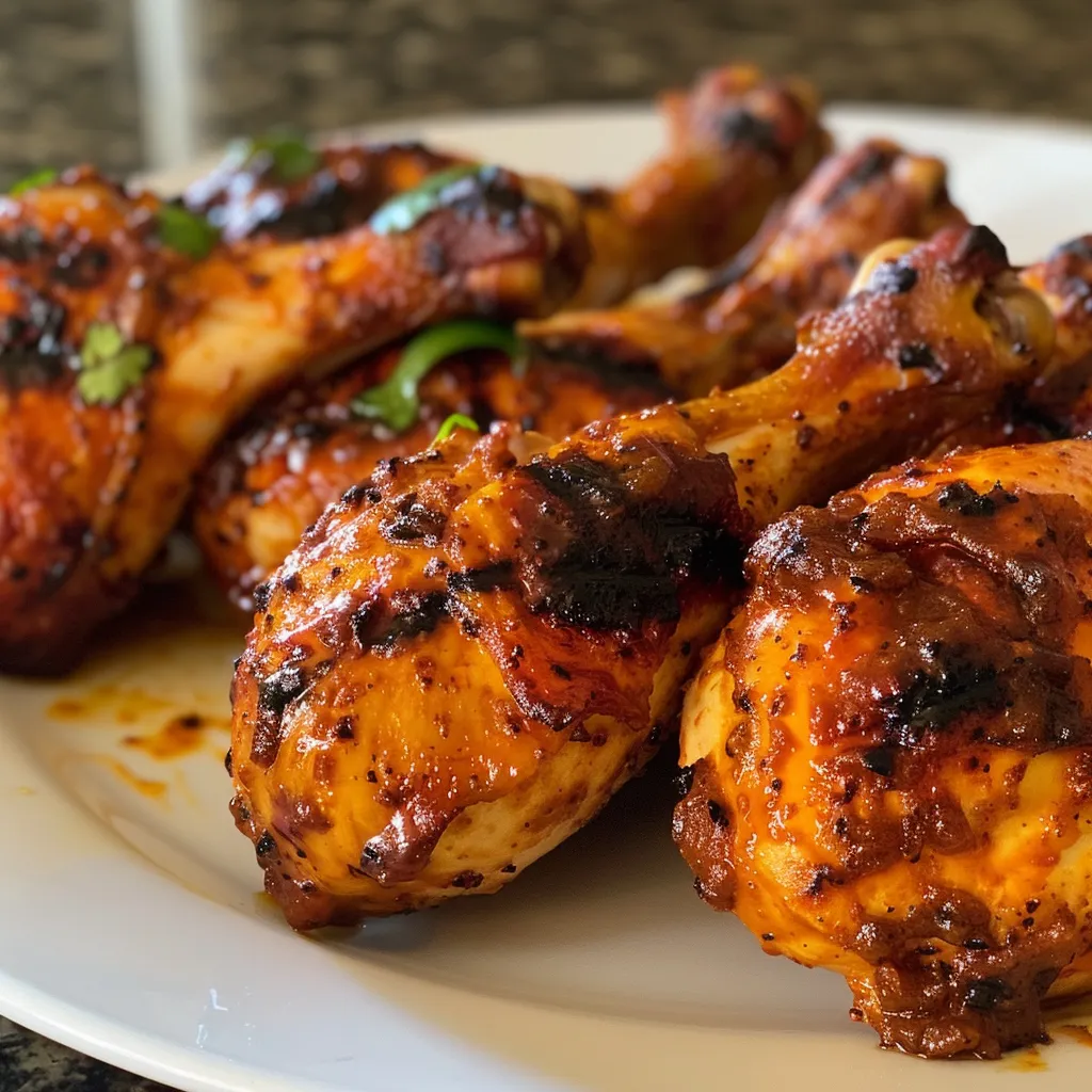Pollo BBQ cocido en una parrilla con especias visibles.
