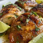 Pollo con Limón servido en una mesa, con ingredientes visibles como ajo y limón.