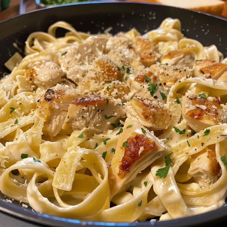 Vista lateral de Pollo con Salsa Cremosa, con ingredientes visibles como fettuccine y salsa rica.