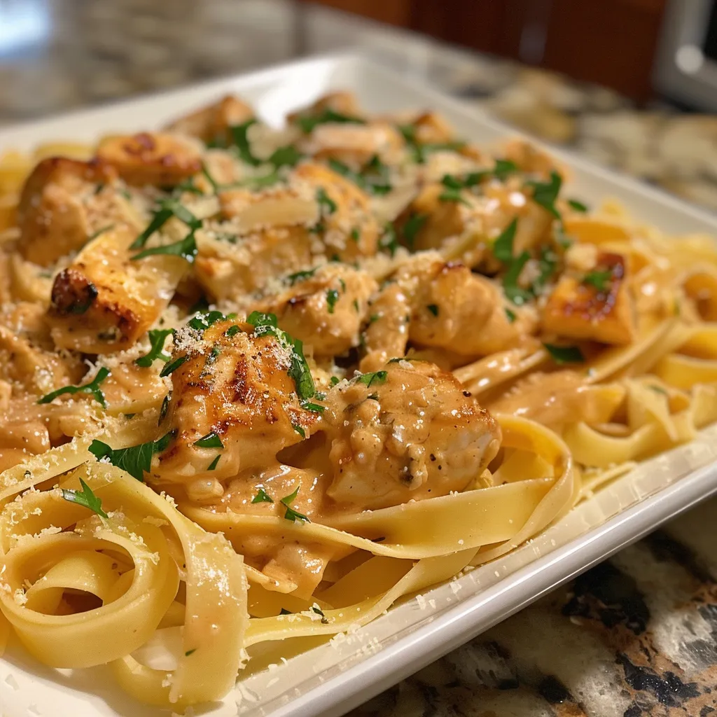 Primer plano de pollo en salsa cremosa, con hierbas y especias, acompañado de fettuccine.