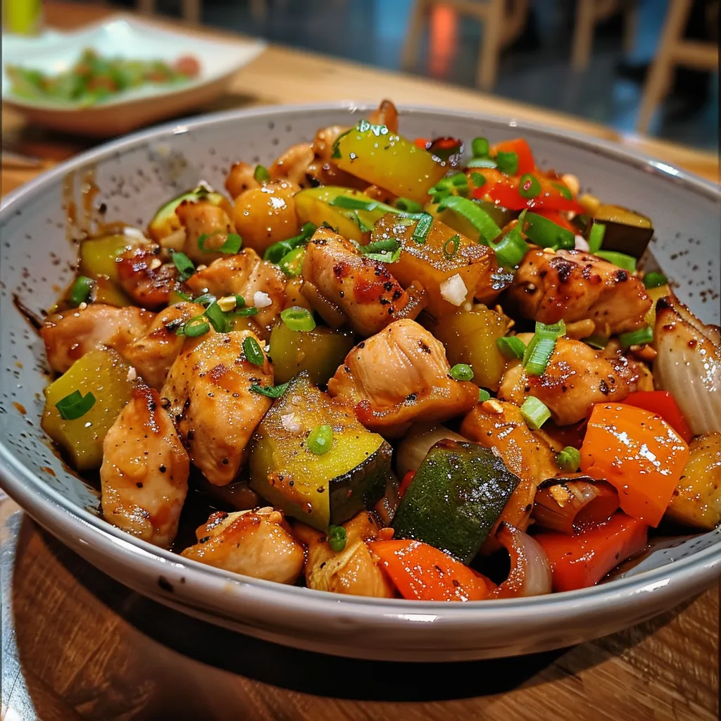 Vista lateral de un plato de pollo con verduras, con ingredientes frescos destacados.