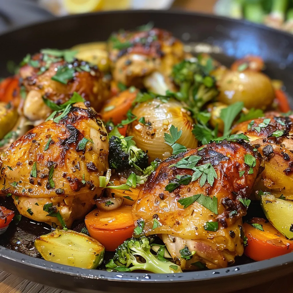 Close up de Pollo con Verduras, con colores vibrantes y apetitosos.