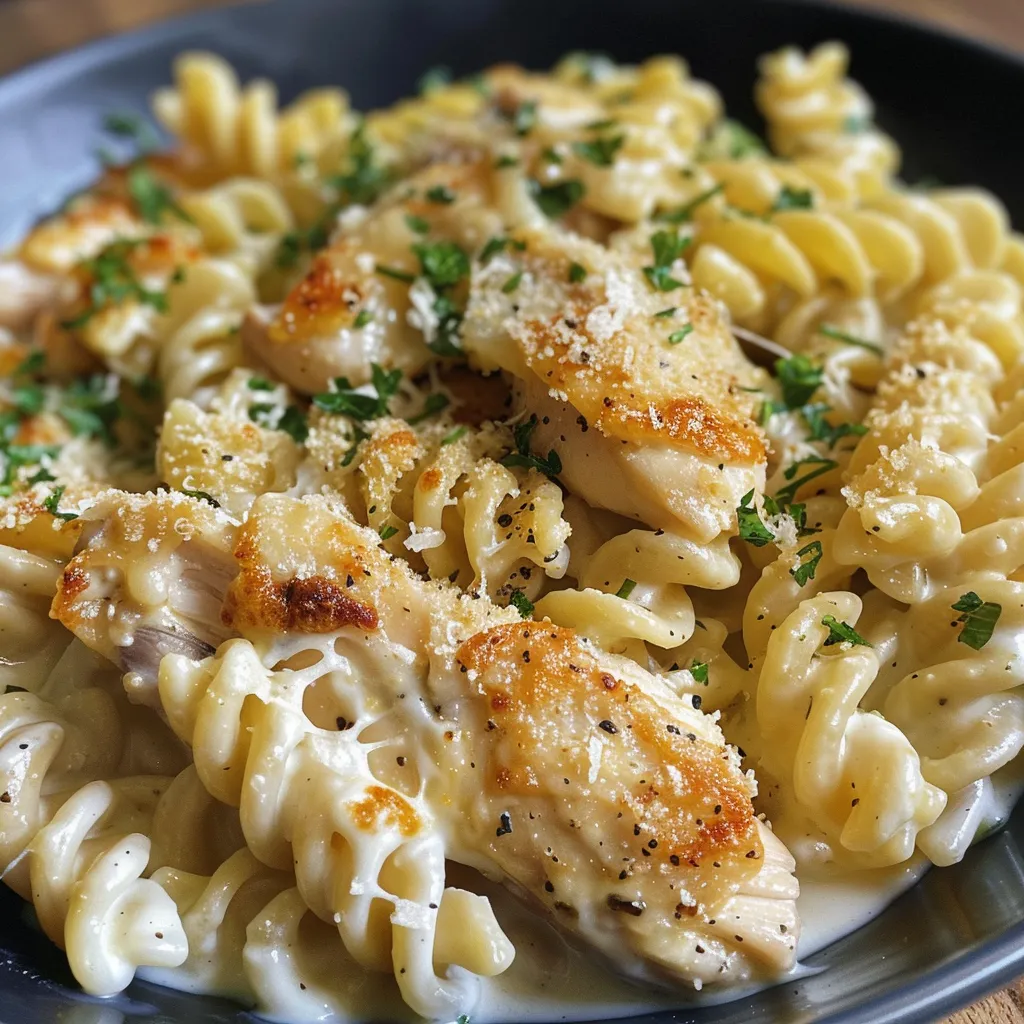 Pollo jugoso bañado en salsa de crema y queso, acompañado de pasta.