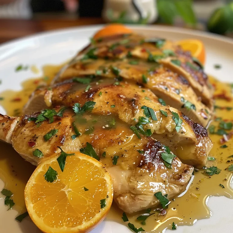 Pechugas de pollo crujientes en salsa de naranja, decoradas con cebolleta.