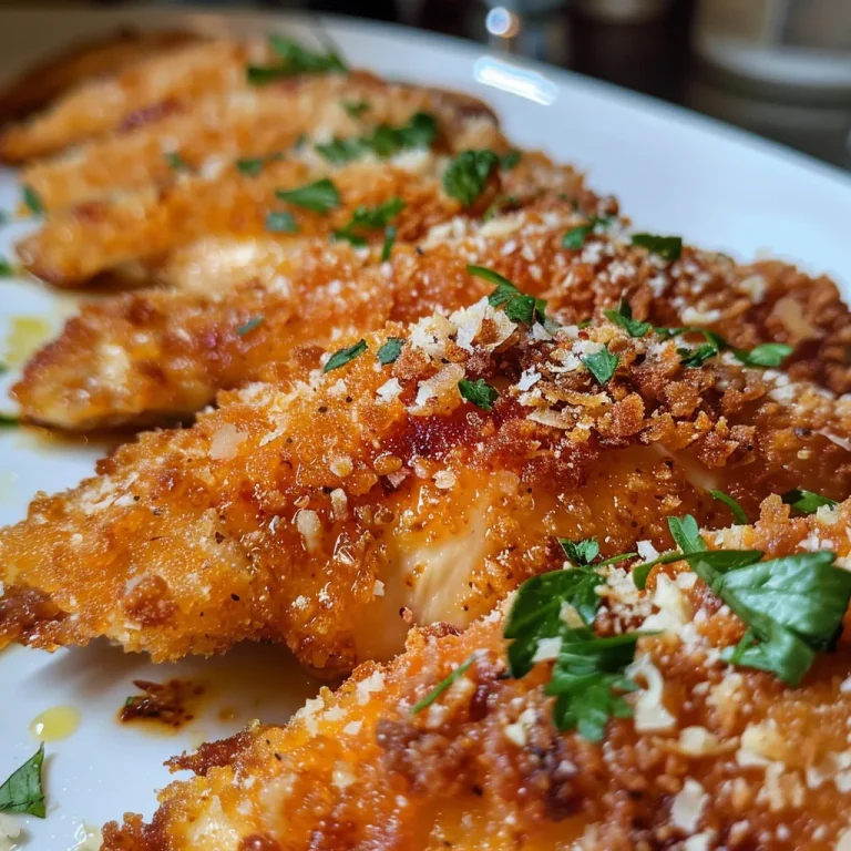 Primer plano de pollo crustado con una salsa blanca y trozos de ajo.
