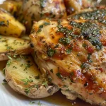 Plato de pollo en salsa barbacoa con patatas, enfoque lateral.