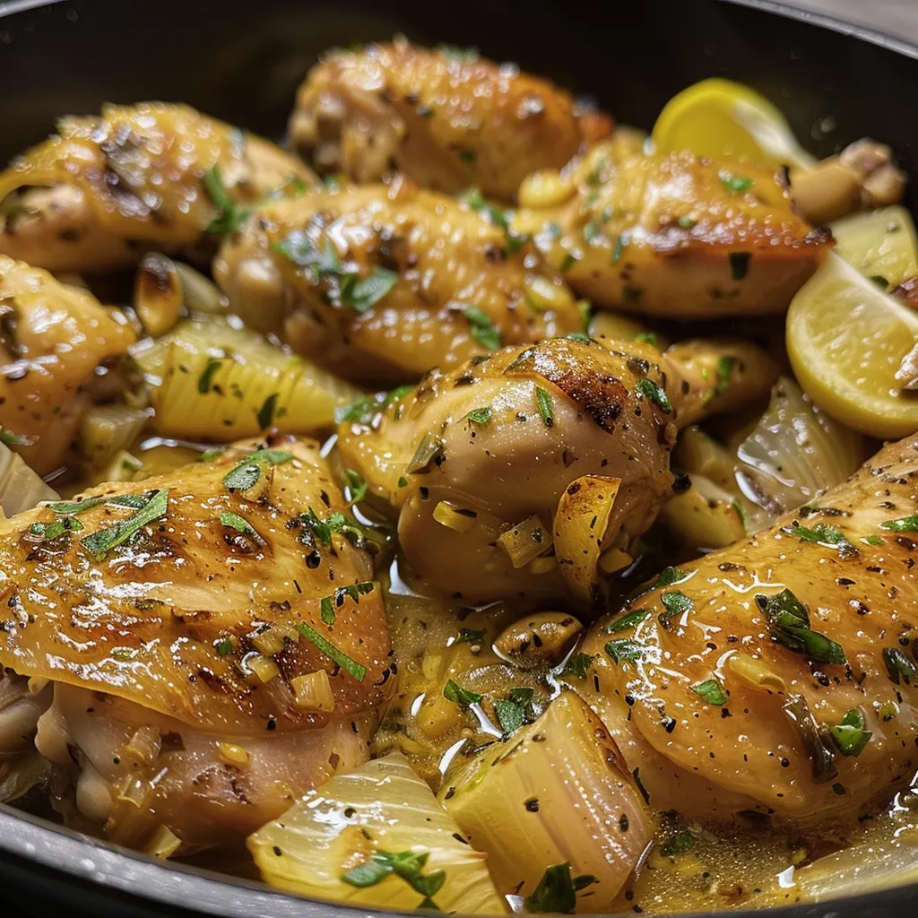 Plato de pollo en salsa de ajo y limón con una textura apetitosa.