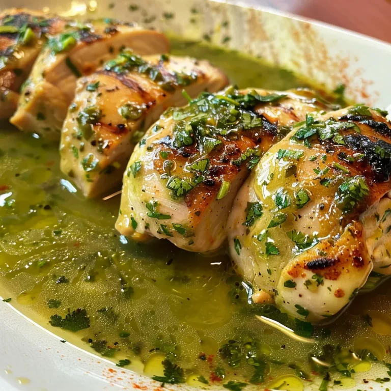 Plato de pollo en salsa verde, con ingredientes frescos y coloridos de fondo.