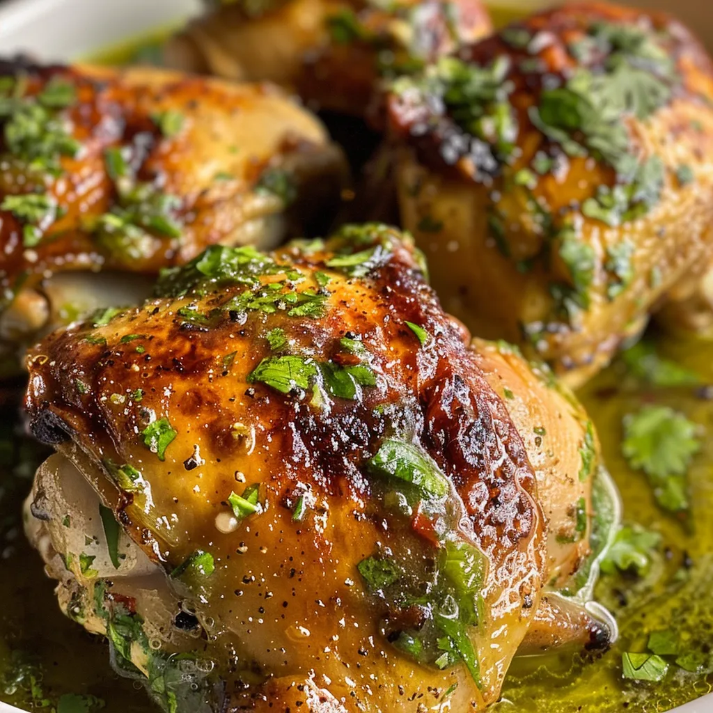 Primer plano de una cazuela con Pollo en Salsa Verde, resaltando la textura del pollo y la salsa.