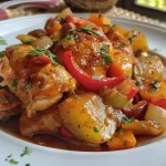 Close-up de un delicioso plato de Pollo Guisado con una mezcla de verduras frescas.