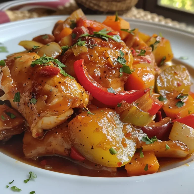 Close-up de un delicioso plato de Pollo Guisado con una mezcla de verduras frescas.