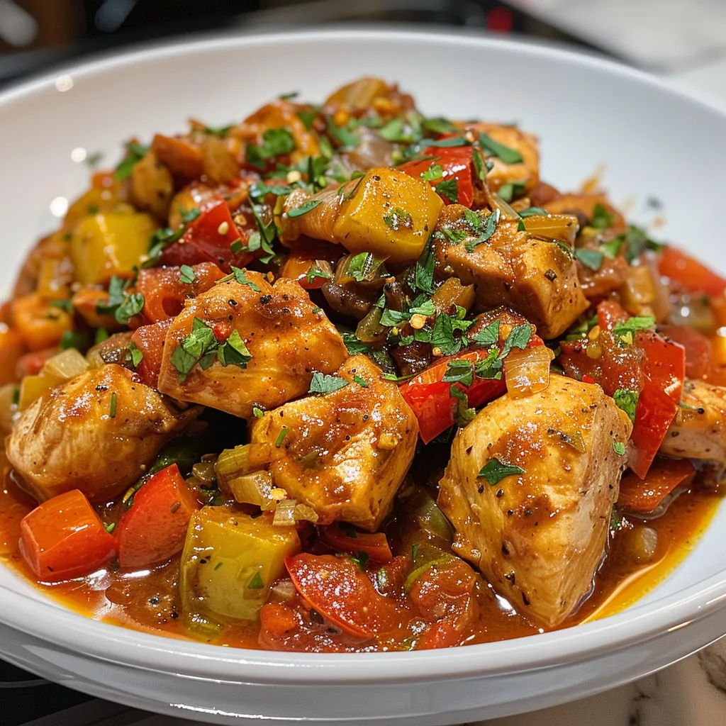 Pollo Guisado con Verduras servido en un plato, mostrando jugosidad y textura.