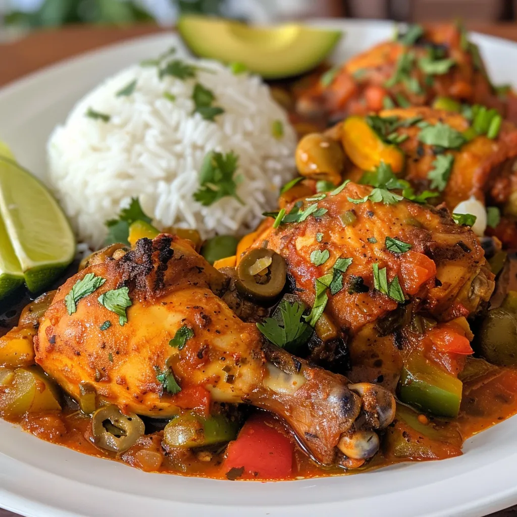 Pollo Guisado servido con arroz blanco y rodajas de aguacate.