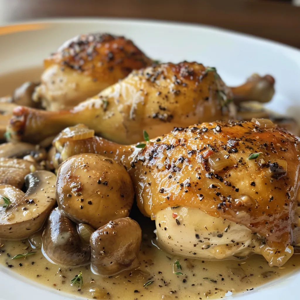 Detalle de pollo con champiñones en una salsa espesa.