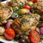 Plato de pollo mediterráneo presentado con aceitunas y cebolla roja.