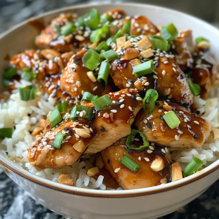 Tiras de pollo teriyaki jugosas con semillas de sésamo y cebollas verdes.