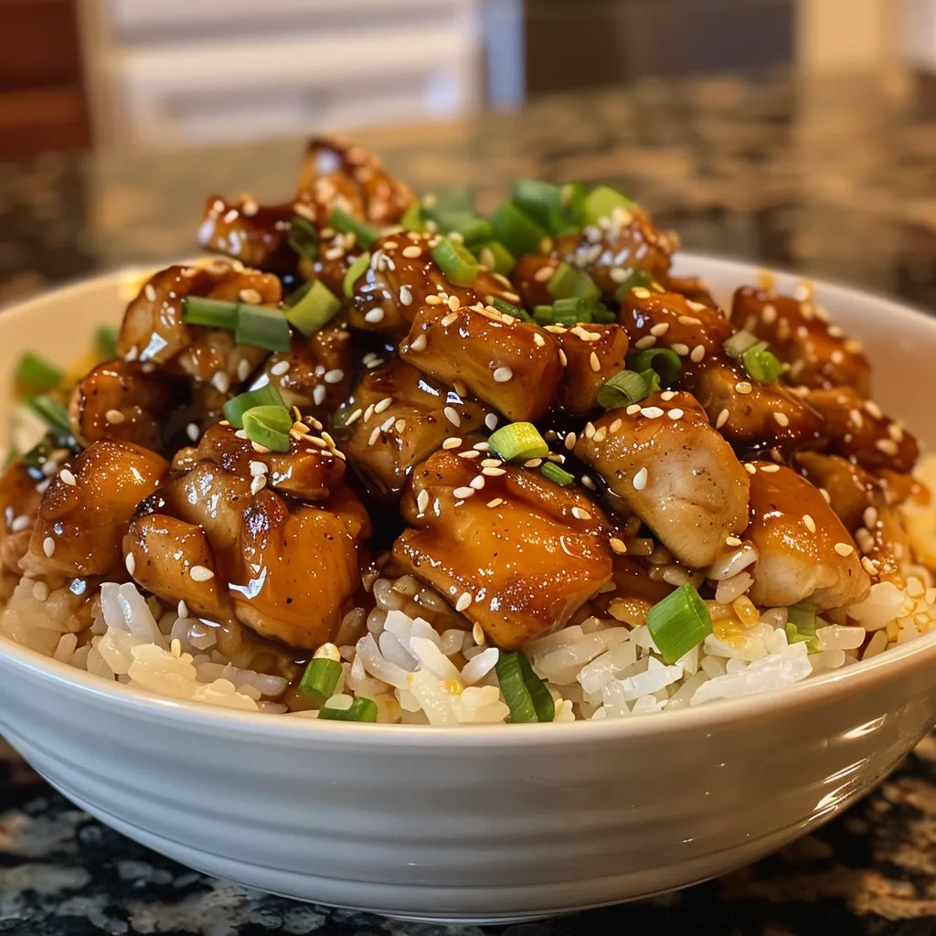 Plato de pollo teriyaki con ingredientes frescos alrededor, visto desde un costado.