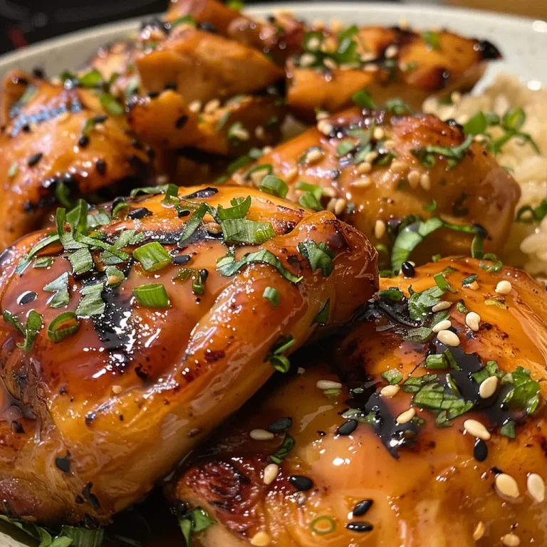 Vista lateral de un plato de Pollo Teriyaki fácil, con ingredientes frescos como jengibre y ajo visibles.