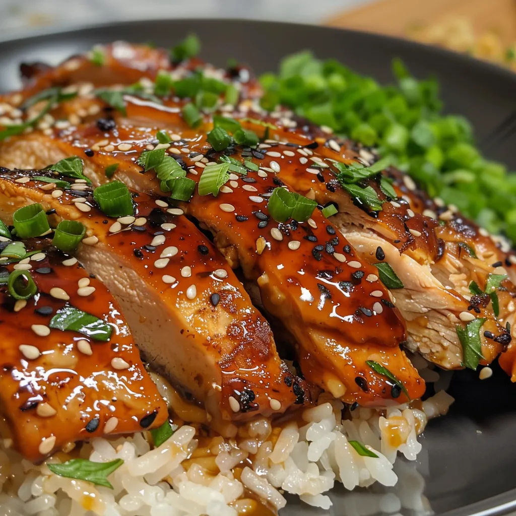 Pollo Teriyaki fácil servido en un plato, decorado con semillas de sésamo y cebollitas verdes, con un fondo de arroz.
