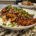Pollo teriyaki brilla con salsa, adornado con cebollas verdes y semillas de sésamo, listo para degustar.