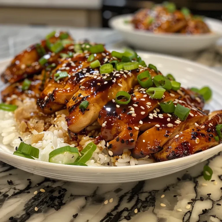 Pollo teriyaki brillando en una salsa dorada, con brócoli y arroz en el fondo.