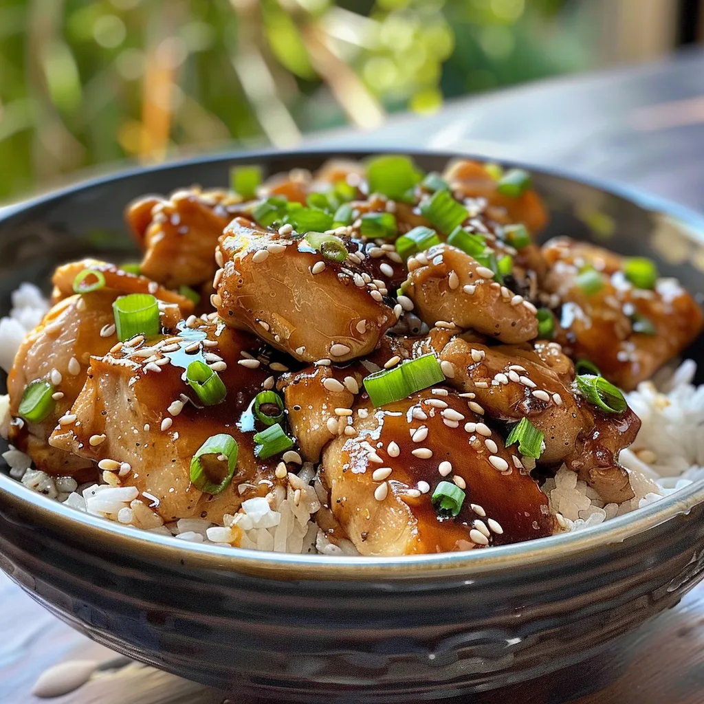 Pollo teriyaki presentado en un plato elegante con decoración culinaria.