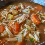 Sopa de Pollo con Fideos en un recipiente, con ingredientes frescos alrededor.